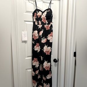Black and pink floral jumpsuit with bodice; size small